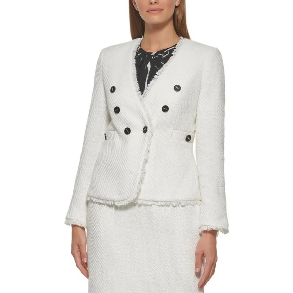 DKNY Womens White Tweed Fringe Lined Double-Breasted Blazer Jacket NWT